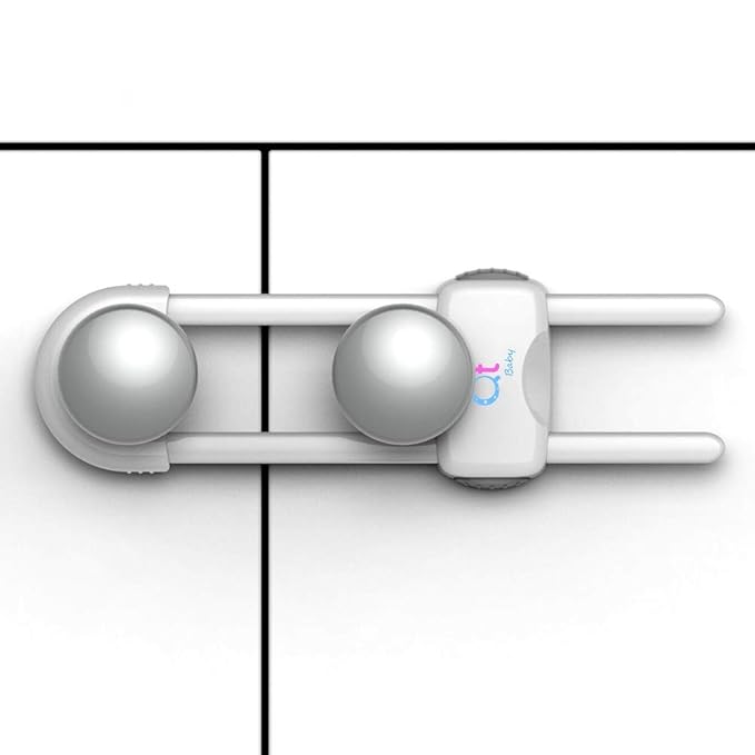 Baby Proofing Cabinet Locks | Adjustable U Shaped Baby Safety Latches for Drawers, Fridge, Closet |Modern Baby Proofing Cabinet Lock with Extra Secure Lock Buttons (Pack of 2, White)