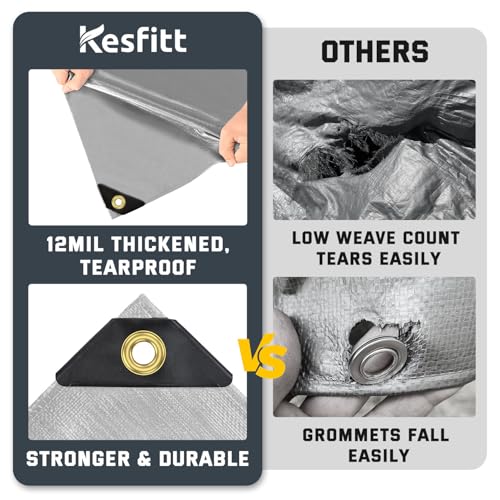 Kesfitt 12 Mil Heavy Duty Waterproof Tarp with Metal Grommets, 20x30 ft, Silver & Blue Reversible Poly Tarp for Outdoor Protection, Yard, Worksite, Pools, Vehicles, Equipment Coverage - size: 20x30 ft