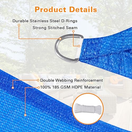 Artpuch Sun Shade Sail, 8'X16' Blue Rectangle Curved Edged Sun Shade, Commercial Grade 185GSM HDPE UV Permeable Outdoor Shade Cloth for Deck, Backyard, Patio (Custom Sizes Made)