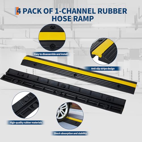 4 Pack of 1-Channel Rubber Cable Protector Ramps, Heavy Duty Floor Cord Cover with Yellow Warning Strips, 18000Lbs Load Capacity Outdoor Pipe and Cable Management, Driveway Protector for Ramps & Bumps