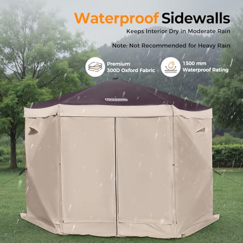 Tecoom 6 Side Pop Up Gazebo Tent, 10x10ft Waterproof Instant Screen with Mosquito Netting, Portable Outdoor Canopy with 4 Removable Wind Cloths, Sun Shelter for Camping, Garden and Picnics, Khaki - size: 10x10ft