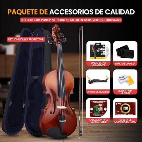 Pyle 3/4 Size Beginner Violin Starter Kit, Violin Starter Package with Travel Case & Bow, Extra Strings, Digital Tuner, Shoulder Rest & Cleaning Cloth for Students, Kids, Adults