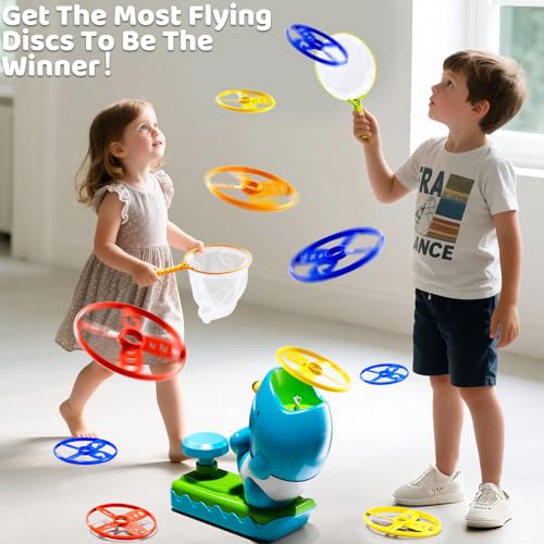Flying Disc Launcher Outdoor Toys with 1 Whale Launcher, 24 Flying Discs, 2 Butterfly Nets and 2 Protective Glasses, Outside Toys for Kids Ages 3-5 6-8 Boys Girls Chasing Catching Games Birthday Gifts