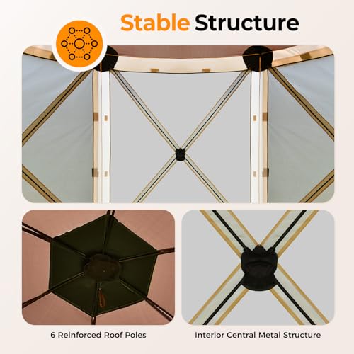 Tecoom 6 Side Pop Up Gazebo Tent, 10x10ft Waterproof Instant Screen with Mosquito Netting, Portable Outdoor Canopy with 4 Removable Wind Cloths, Sun Shelter for Camping, Garden and Picnics, Khaki - size: 10x10ft