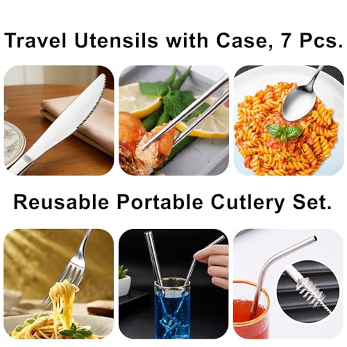 Travel Utensils with Case, Cutlery Set Portable Camp Reusable Flatware Silverware, 7 Pcs Stainless Steel Reusable Cutlery Set, Include Fork, Spoon, Knife, Chopsticks, 2 x Straws & Straw Cleaner Brush - color: Black
