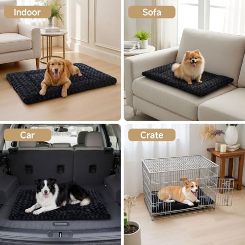Washable Dog Bed Mat Soft Dog Crate Pad Fluffy Pet Kennel Beds Sleeping Mattress with Non-Slip Bottom for Large Jumbo Medium Small Dogs, 47 x 29 Inch, Black - color: Black, size: 47.00" x 29.00" x 1.50"
