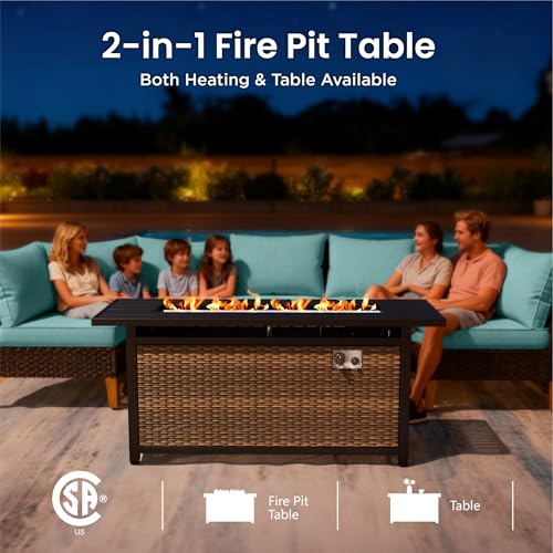 PHI VILLA Half Moon Patio Furniture Set with 56" Fire Pit Table, Outdoor Curved Wicker Sectional Sofa with Cushions and Ottomans, Aqua Blue - color: Aqua Blue+fire Pit, size: 5 Seats - Half Moon