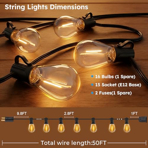 GvvooHome LED Outdoor String Lights, 50FT Waterproof Patio Lights with 16 Shatterproof S11 Plastic Bulbs, 2700K Warm White Edison Hanging Lights for Backyard, Garden, Porch, Bistro - size: 50FT