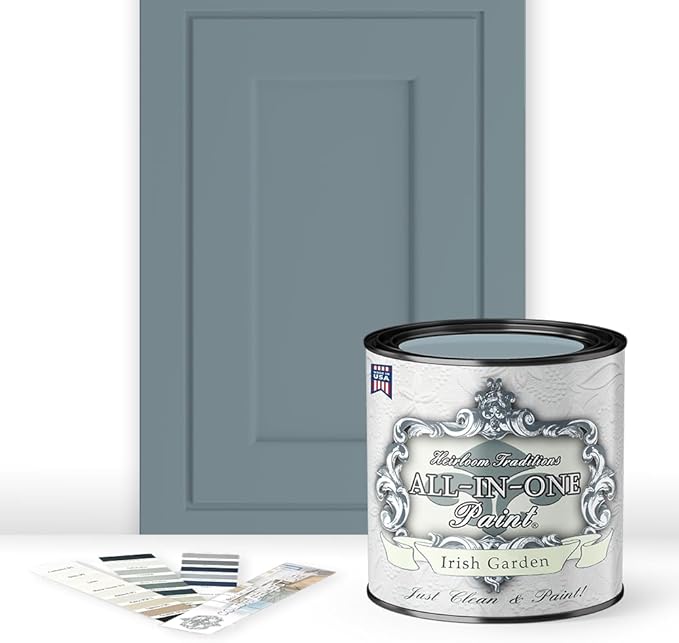 ALL-IN-ONE Paint, Durable cabinet and furniture paint. Built in primer and top coat, no sanding needed. Includes our 30 featured color card - Irish Garden (blue green), Quart