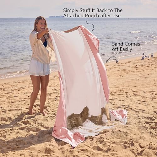 WEKAPO Beach Blanket Sandproof Waterproof, Extra Large Beach Mat, Oversized & Compact Sand Free, Quick Drying Beach Essentials for Vacation, Cruise, Picnic & Camping with Stakes - color: Pink, size: 9x10 FT (1～8 person)