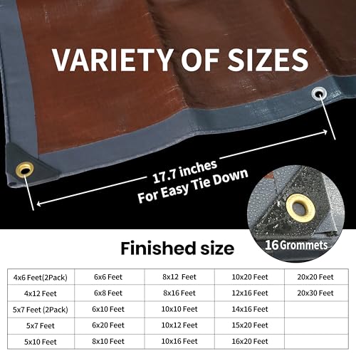 TARPAL tarp 5x7 Feet(2-Pack) Super Heavy Duty Tarps Cover 20mil Waterproof UV Protection Rip and Tear Proof Tarpaulin with Grommets(Grey/Brown) - size: 5x7 Feet(2-Pack)-Finished size