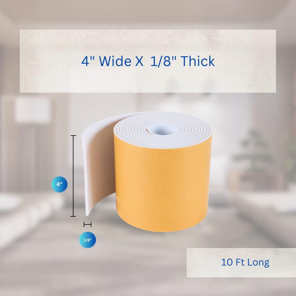 High Density Foam Weather Stripping Door Seal Strip Insulation Tape Roll for Insulating Door Frame, Window, Air Conditioner | Self Adhesive Sealing Weatherstrip (4 in x 1/8 in x 10 Ft, White)
