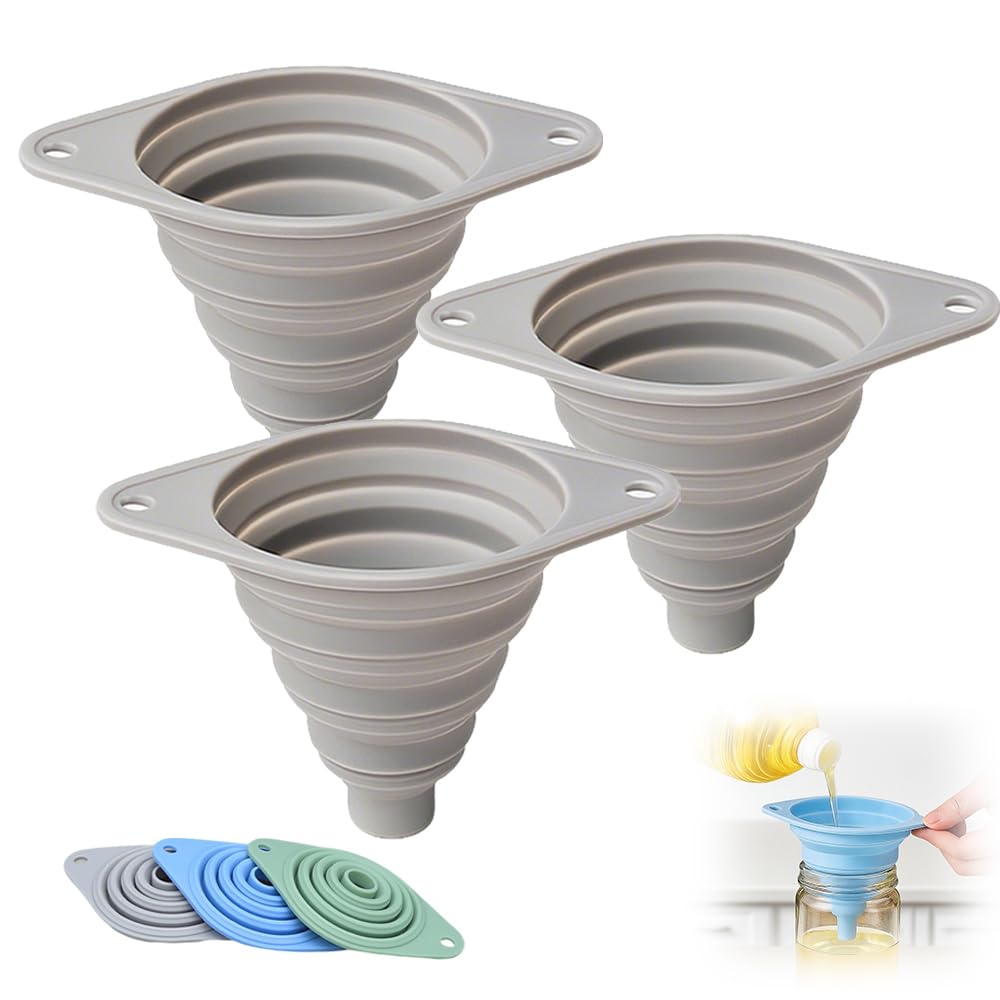 Kitchen Funnel Set 3 Pack, Collapsible Silicone Funnels for Filling Water Bottles & Small Bottles | Food-Grade, Easy Clean & Space-Saving (Gray)