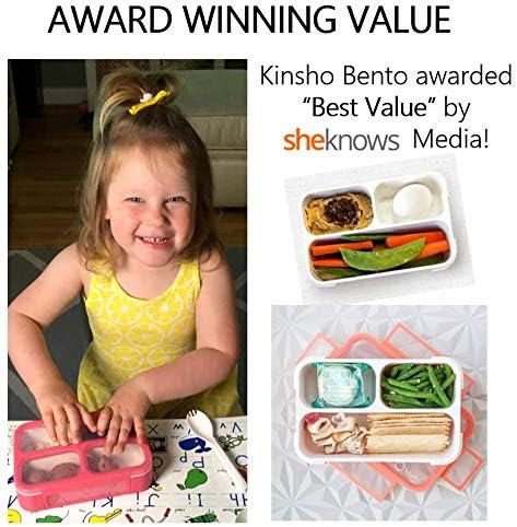 kinsho MINI Bento Box Snack Containers for Kids Small Lunch-Boxes for Girls Boys | Leakproof Toddler Containers for Pre-School Baby Day-Care or Adults | BPA Free 3 Compartments | Pink Coral - Orange