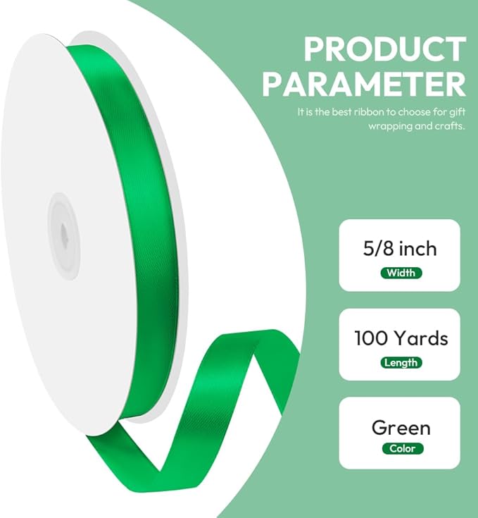 5/8" x 100 Yards Satin Ribbon - Green Silk Ribbon with Spool - Ideal for Gift Wrapping, Floral Bouquets, Crafts, Wedding Party Decorations, Christmas and Sewing Projects