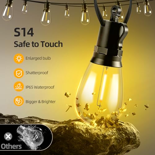 Solar Lights Outdoor Patio Lights: S14 15M 50FT Solar Powered Remote Control 3 Light Modes Dimmable Solar Waterproof Light - Shatterproof Bulbs - Camping Backyard Garden Deck Outside Yard - style: 50FT-Remote