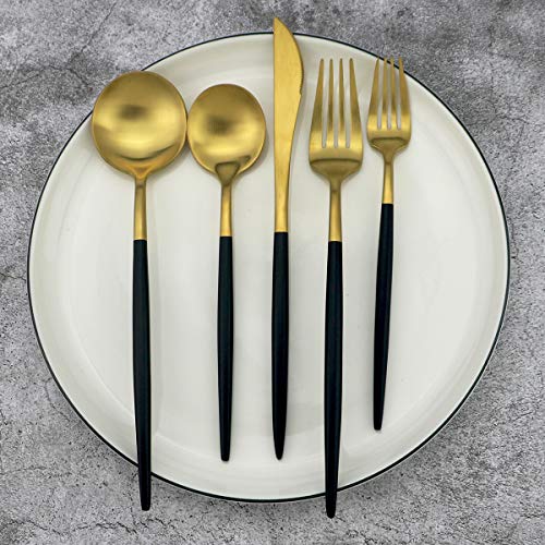 5-Piece 18/10 Stainless Steel Matte Gold Silverware Set, Kitchen Tableware Set, Dishwasher Safe - color: Black Handle Gold, size: Service for 1