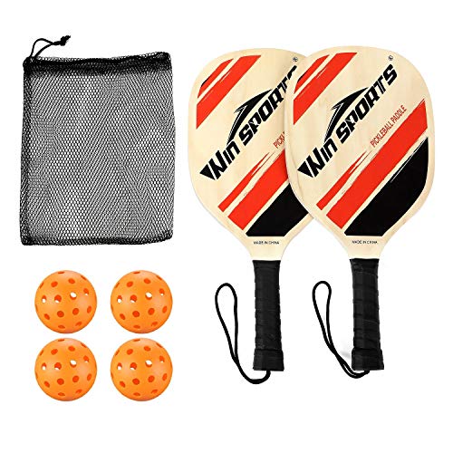 Wooden Pickleball Paddles Set 2 - Win SPORTS Beginner Racket,Pickle Ball Paddles with 2 Paddles,4 Balls and 1 Carry Bag,Durable and Classic (Choose Black and Wooden Version)