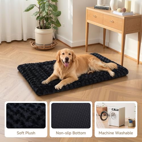 Washable Dog Bed Mat Soft Dog Crate Pad Fluffy Pet Kennel Beds Sleeping Mattress with Non-Slip Bottom for Large Jumbo Medium Small Dogs, 47 x 29 Inch, Black - color: Black, size: 47.00" x 29.00" x 1.50"