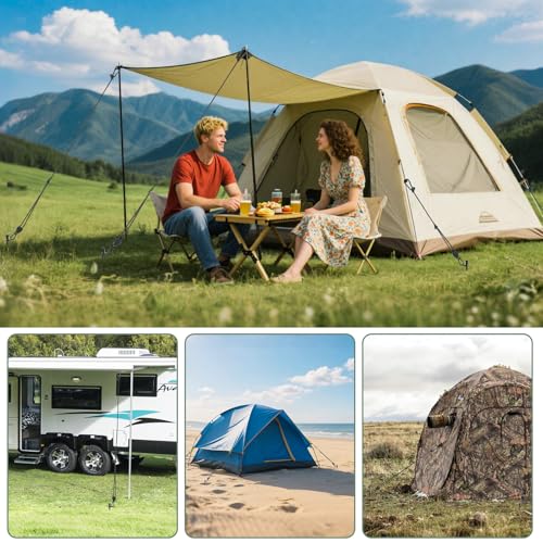 Tinnmao 4-Pack 17.7" Tent Stakes Heavy Duty, with 8" Ratchet Tie Down Straps (1/8" φ) Kit for High Wind, 8mm Solid Steel Spiral Ground Anchors Screw in for Tarp | Canopy | Sand Beach Camping Tent - size: 4 Pack