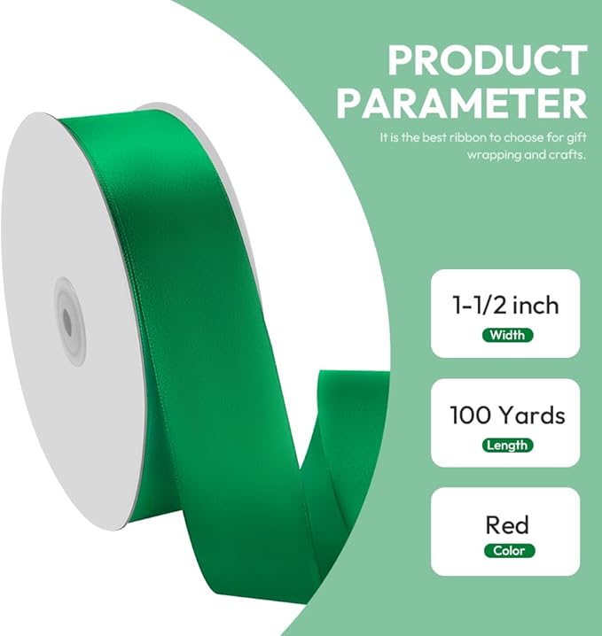 1-1/2" x 100 Yards Satin Ribbon - Wide Silk Green Ribbon with Spool - Ideal for Gift Wrapping, Floral Bouquets, Crafts, Wedding Party Decorations, Christmas and Sewing Projects