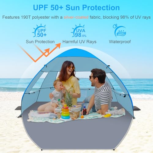 Gorich Easy Pop Up Beach Tent for 3-4 Person, UPF 50+ UV Protection Beach Umbrella Sun Shelter, Portable Lightweight Shade with Easy Foldable & Instant Setup