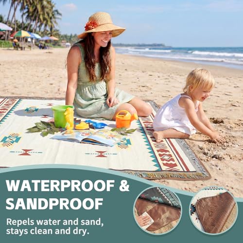 2 in 1 Extra Large Outdoor Picnic Mat Woven Summer Throw Blanket Boho Giant Beach Travel Essential Yoga Accessories Park Patio Lawn Garden Grass Ground Play Music Festival Concert Must Have - color: Boho Beige