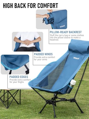 WildCall Lightweight Folding High Back Camping Chair with Head Support, Compact Beach Chair with Anti-Sinking Large Feet and Three Tilt Angles Adjustment - color: 1 X Blue High Back