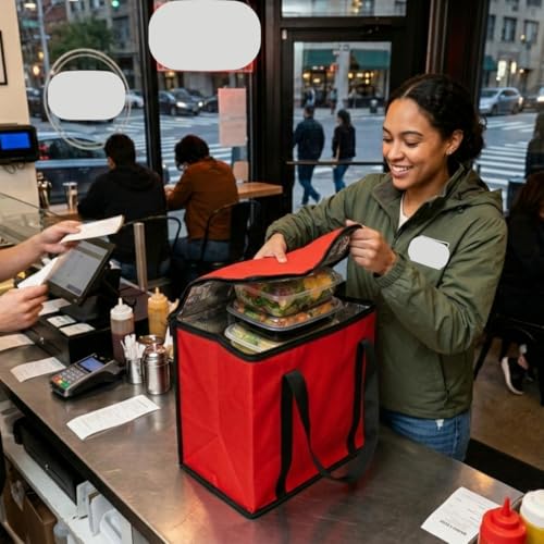 JoEzzy Insulated Bags – Large Thermal Food Delivery Bag & Reusable Shopping Tote – Heavy Duty Cooler Bag for Catering, Picnics, Beach, & Office Lunch – Collapsible, Stands Upright, Red - color: 1-Pack (Bag)