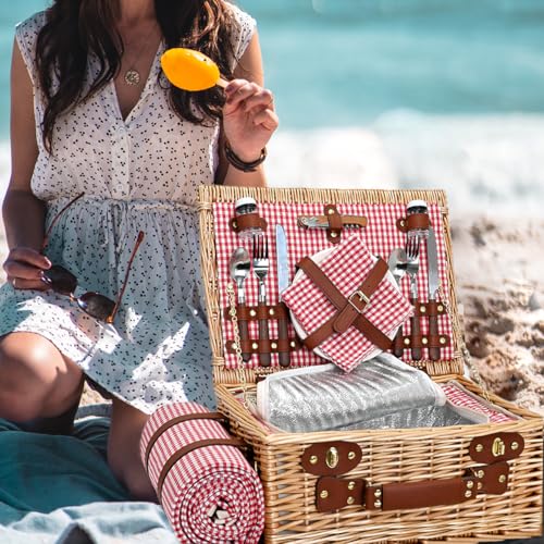 Picnic Basket with Blanket and Wine Pouch for 4, Wicker Picnic Set with Insulated Liner Cooler Bag Hamper for Camping,Wedding - Red Gingham - color: Red Gingham With Blanket for 4
