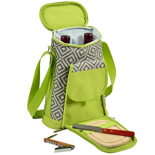 Picnic at Ascot Stylish 2 Bottle Insulated Wine Tote Bag With Cheese Board, Granite Grey/Green