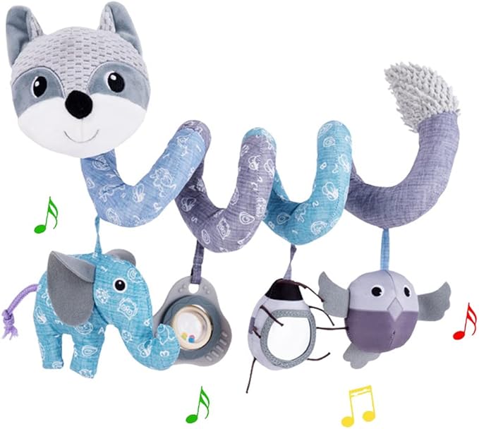 Car Seat Toys, Baby Plush Spiral Hanging Toys for Stroller Crib Bar Bassinet Car Seat Mobile with Musical Owl BB Squeaker Elephant- Gray Fox