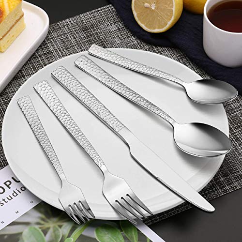 E-far 10-Piece Hammered Silverware Set, Stainless Steel Square Flatware Set Service for 2, Tableware Cutlery Set Includes Forks Spoons Knives, Modern Design & Mirror Polished - Dishwasher Safe - size: 10-Piece for 2