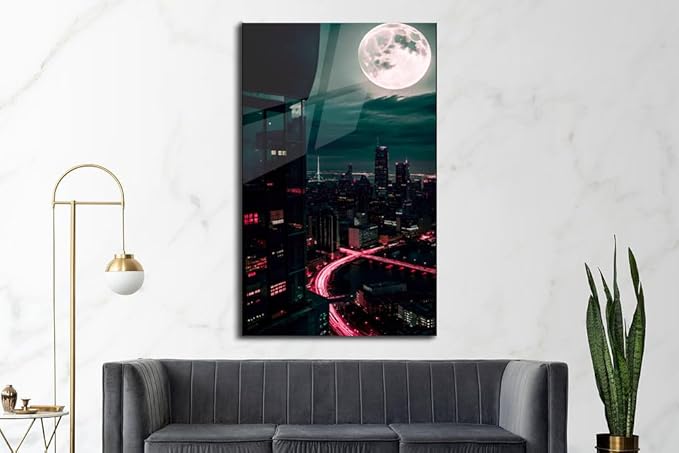 SpiritualHands Moon And City Glass Wall Art Painting for Living Room, Tempered Glass Modern Prints Decor, Large Vivid Color Panel for Bedroom, Kitchen, or Office