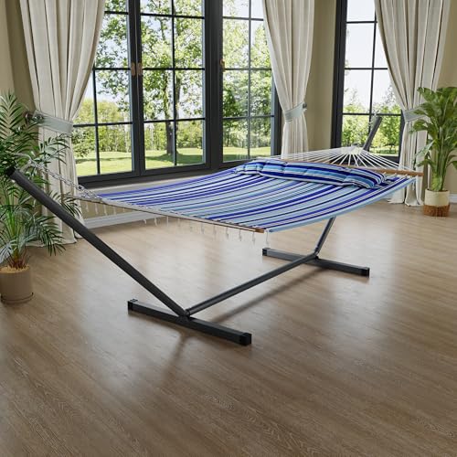 GarveeLife 57" 2 Person Outdoor Hammock, Widening Design Cotton Hammock with Metal Stand, Heavy Duty Construction, 450 LBS Weight Capacity, Blue - color: Blue