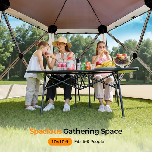 Tecoom 6 Side Pop Up Gazebo Tent, 10x10ft Waterproof Instant Screen with Mosquito Netting, Portable Outdoor Canopy with 4 Removable Wind Cloths, Sun Shelter for Camping, Garden and Picnics, Khaki - size: 10x10ft