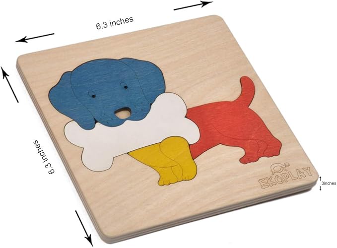 EKOPLAY’s Wooden Puzzles for Kids, 4 Piece Jigsaw Puzzle for Pre-School Kids, Learning Educational Toys Gifts for Boys Girls. Animal Puzzles Sets, Pets Dog with a Bone. Age 3+ Years.