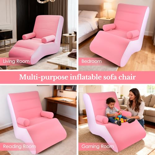 Inflatable Indoor Living Room Chair Lounge with Handrails, Inflatable Foldable Deck Chair with Air Pump, Outdoor Travel Camping Picnic Beach Chaise Lounges(Pink) - color: Pink