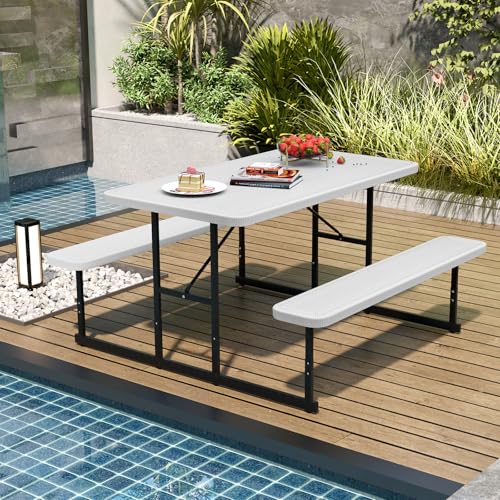 LDAILY Picnic Tables with Benches, Rectangular Dining Table Set for Outside 4 People, HDPE Tabletop, Metal Frame, Umbrella Hole, Heavy Duty Picnic Table for Outdoors, Patio, Lawn, Commercial (White) - color: White