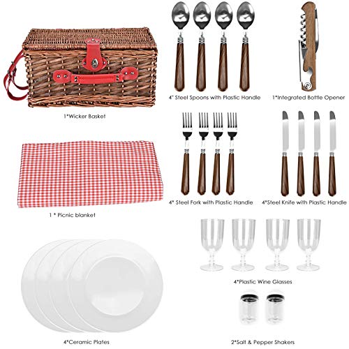 Wicker Picnic Basket Set, Large Handmade Willow Basket for 4 People with Waterproof Picnic Blanket, Insulated Thermal Compartment with Cutlery Suitable for Picnic and Camping