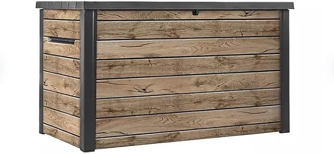 Stylish Indoor/Outdoor Storage Deck Box,Resin,Large Capacity, Weather-Resistant, Lockable lid and Side handles. (Rust Wood Brown, 230 Gallon)