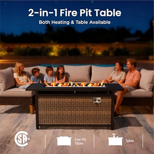 PHI VILLA Half Moon Patio Furniture Set with 56" Fire Pit Table, Outdoor Curved Wicker Sectional Sofa with Cushions and Ottomans, Beige - color: Beige+fire Pit, size: 5 Seats - Half Moon