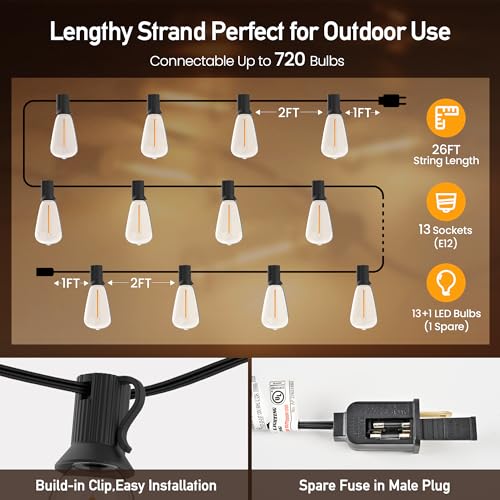 Outdoor String Lights 26 FT 14 Shatterproof LED Bulbs, UL Certified Patio Lights Outdoor Light Strings Waterproof for Patio Yard Outside Party Wedding, Connectable Dimmable 13 Sockets 2700K - size: 26 FT 13 Sockets
