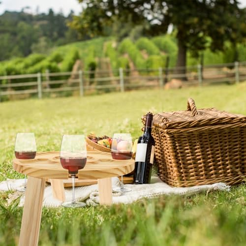 Wooden Outdoor Folding Wine Table with Glass Holder Portable Picnic Table for Beach Camping Patio Lawn