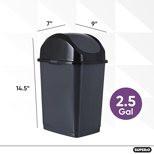 Superio Small 2.5 Gallon Plastic Trash Can with Swing Top Lid, Compact, Slim Waste Bin for Under Desk, Office, Bedroom, Bathroom, Dorm Room, 10 Qt. Portable Garbage Can (Dark Gray, 2