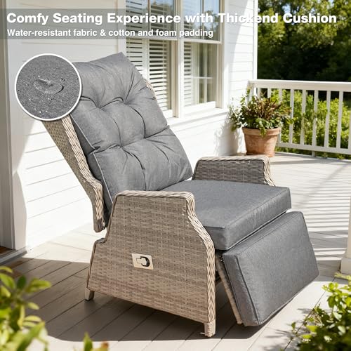 Outdoor Recliner with Adjustable Back and Footrest, Patio Recliner with Flip Table Wicker Reclining Lounge Chair, Grey with Beige Wicker - color: Grey With Beige Wicker, size: 1PCS