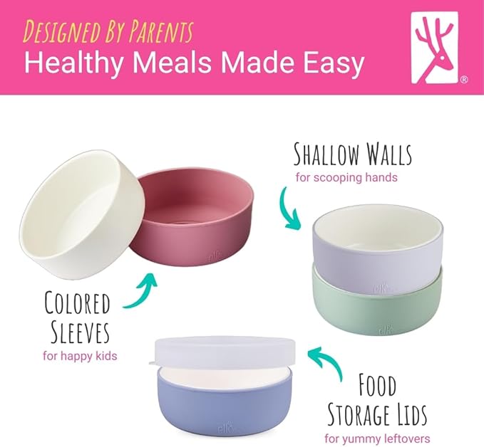 Elk and Friends Kids Porcelain Bowls with Silicone Sleeve + Silicone Lid | Kids/Toddler/Baby Feeding | Microwave & Dishwasher Safe | Non slip | Cereal/Soup/Snack Dishes & Dinnerware