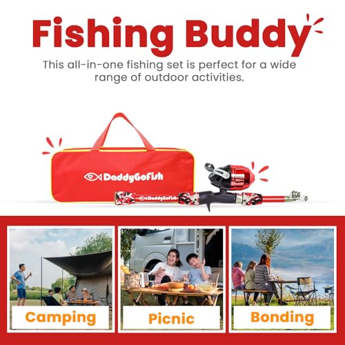 DaddyGoFish Kids Fishing Pole - Rod Reel Combo Tackle Box Starter Set - First Year Small Gear Kit for Boys Girls Toddler Youth Age Beginner Little Children - color: Red (Essential Set), size: 5ft