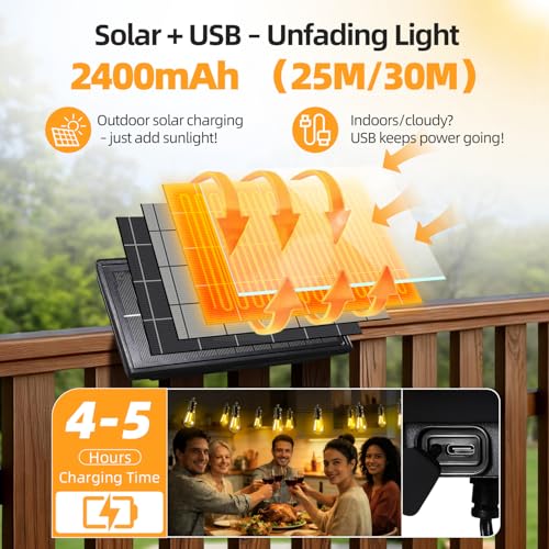 Solar Lights Outdoor Patio Lights: S14 25M 82FT Solar Powered Remote Control 3 Light Modes Dimmable Solar Waterproof Light - Shatterproof Bulbs - Camping Backyard Garden Deck Outside Yard - style: 82FT-Remote