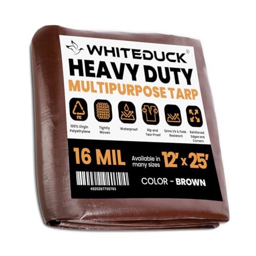 WHITEDUCK Super Heavy Duty Poly Tarp Cover 16 Mil & 10 Mil with Grommets and Reinforced Edges (Brown, White & Silver Black) (Brown- 16 Mil, 12' x 25') - color: Brown- 16 Mil, size: 12' x 25'